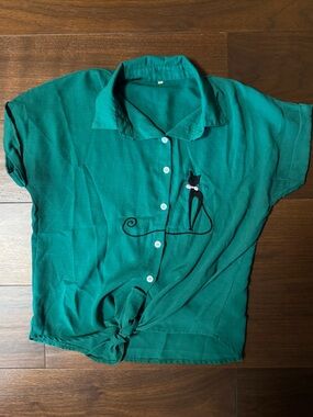 Teal Blouse with Cat Embroidery
